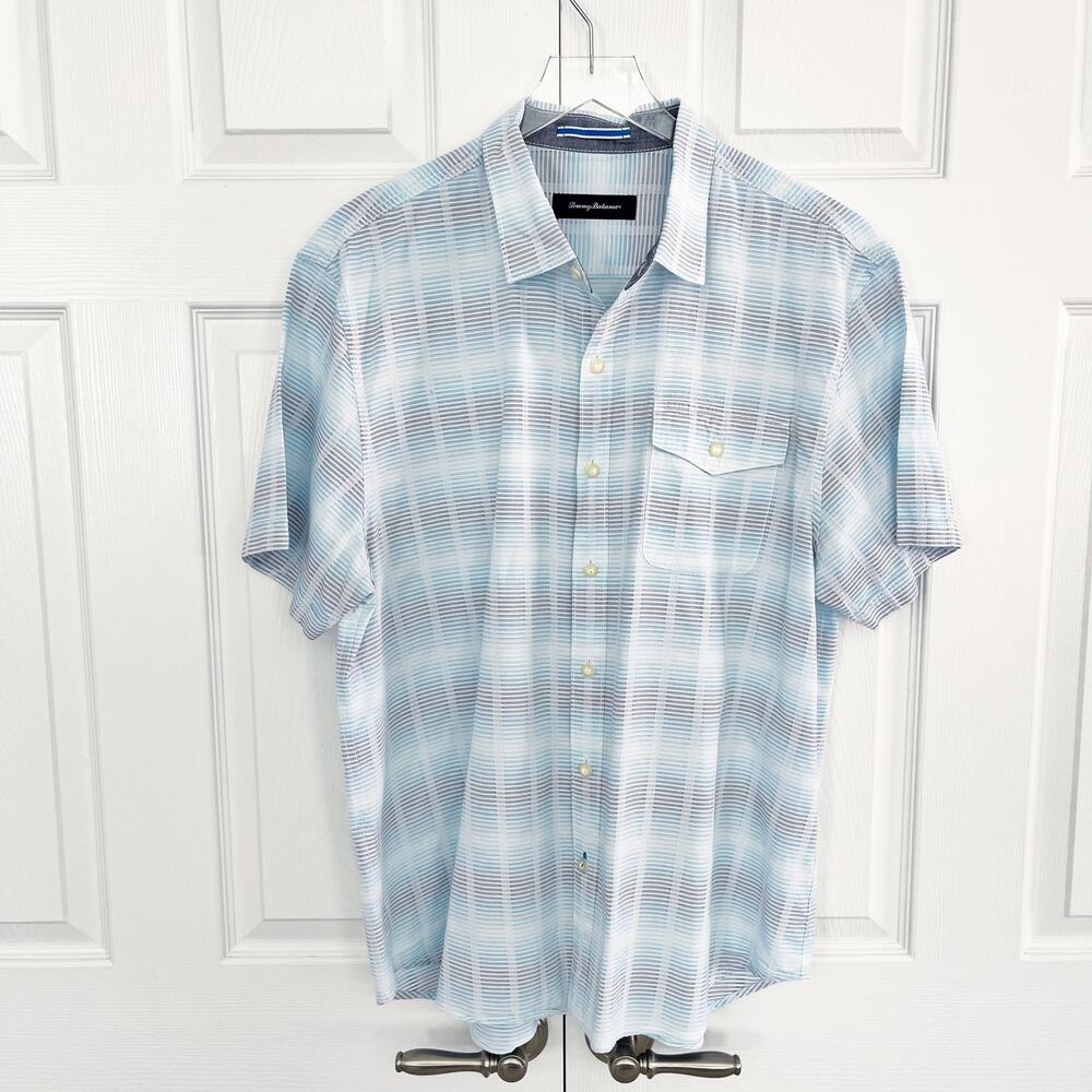 Tommy Bahama Short Sleeve Button Up Shirt Blue Variegated Stripe Coastal Resort